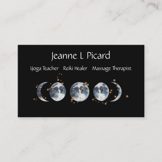 Watercolor Moon Phase with Stars Business Card (Front)