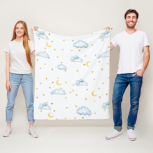 Watercolor Moon Stars and Clouds Nursery Wallpaper Fleece Blanket