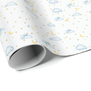 Watercolor Moon Stars and Clouds Nursery Wallpaper Wrapping Paper