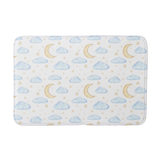 Watercolor Moon Stars and Clouds Pattern Bath Mat (Front)