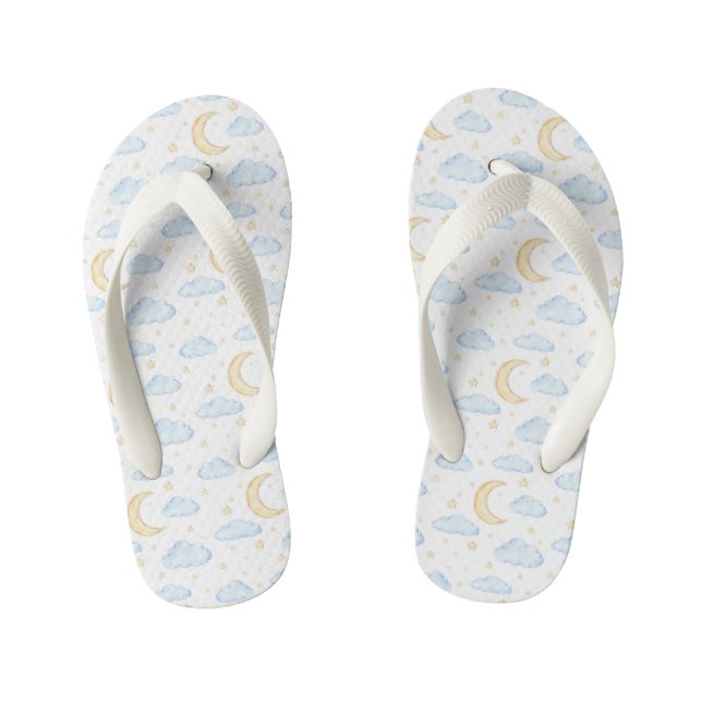 Watercolor Moon Stars and Clouds Pattern Kid's Flip Flops (Footbed)