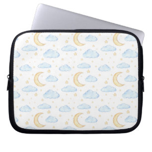 Watercolor Moon Stars and Clouds Pattern Laptop Sleeve