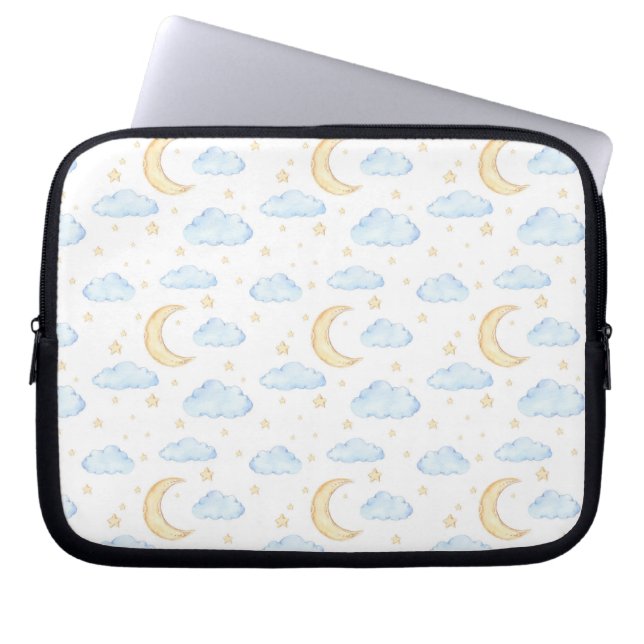 Watercolor Moon Stars and Clouds Pattern Laptop Sleeve (Front)