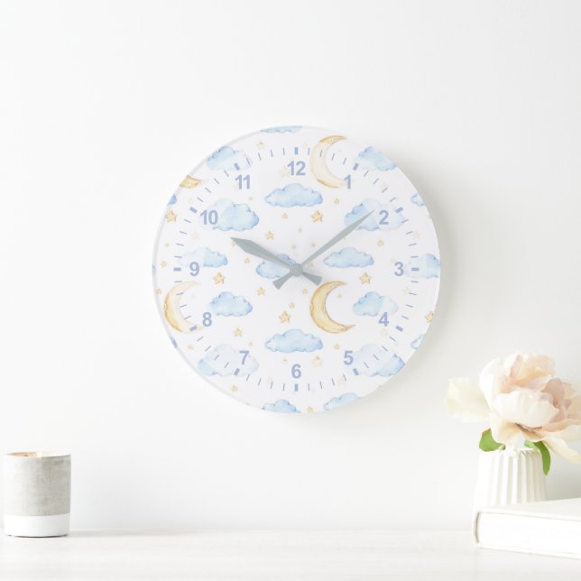 Watercolor Moon Stars and Clouds Pattern Large Clock (Home)
