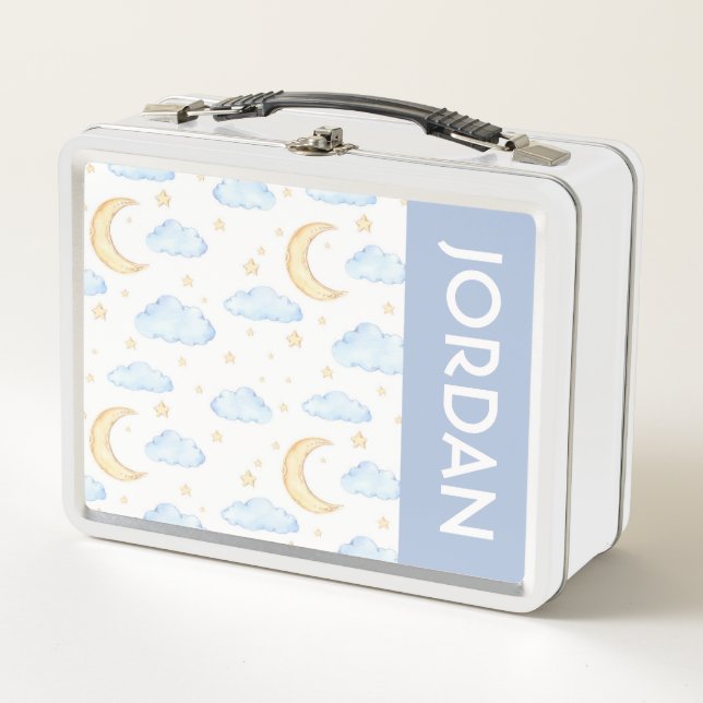Watercolor Moon Stars and Clouds Pattern Metal Lunch Box (Front)