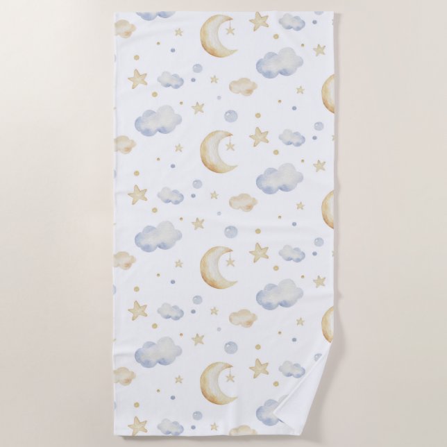 Watercolor Moon Stars & Cloud Pattern Beach Towel (Front)