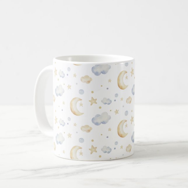 Watercolor Moon Stars & Cloud Pattern Coffee Mug (Front Left)