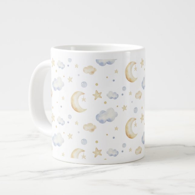 Watercolor Moon Stars & Cloud Pattern Large Coffee Mug (Front Left)