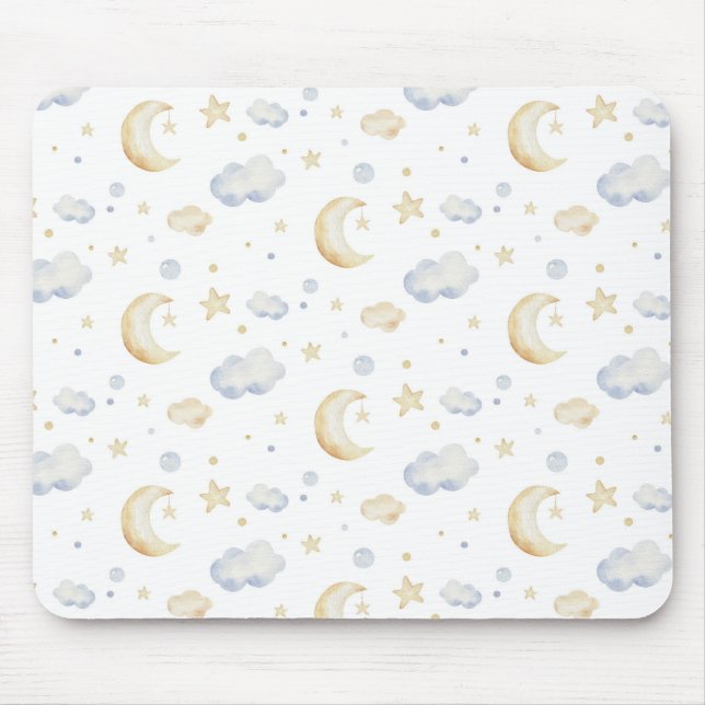 Watercolor Moon Stars & Cloud Pattern Mouse Mat (Front)