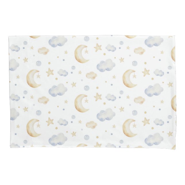 Watercolor Moon Stars & Cloud Pattern Pillowcase (Front)