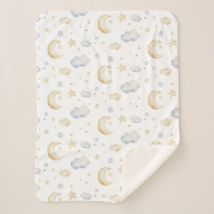 Watercolor Moon Stars & Cloud Pattern Sherpa Blanket