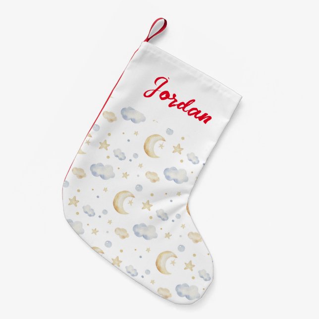 Watercolor Moon Stars & Cloud Pattern Small Christmas Stocking (Front (Hanging))