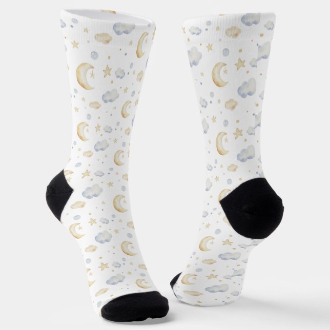 Watercolor Moon Stars & Cloud Pattern Socks (Angled)