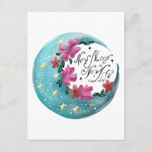 Watercolor Moon with stars and flowers Postcard
