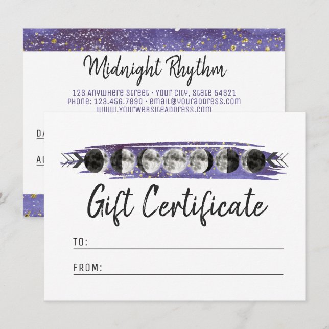 Watercolor Moons Lunar Cycle Gift Certificate Card (Front/Back)