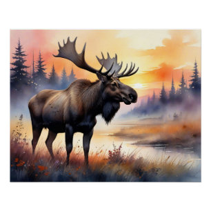 Watercolor Moose at Sunrise Poster