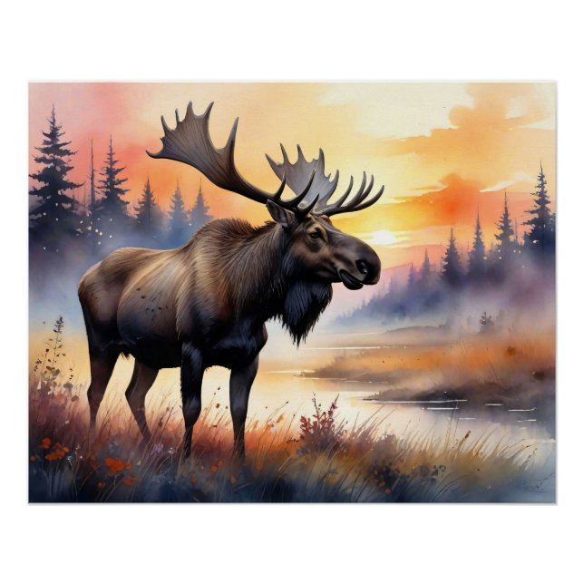 Watercolor Moose at Sunrise Poster (Front)