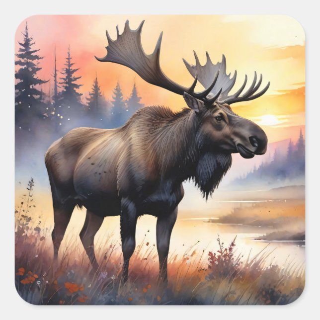Watercolor Moose at Sunrise Square Sticker (Front)