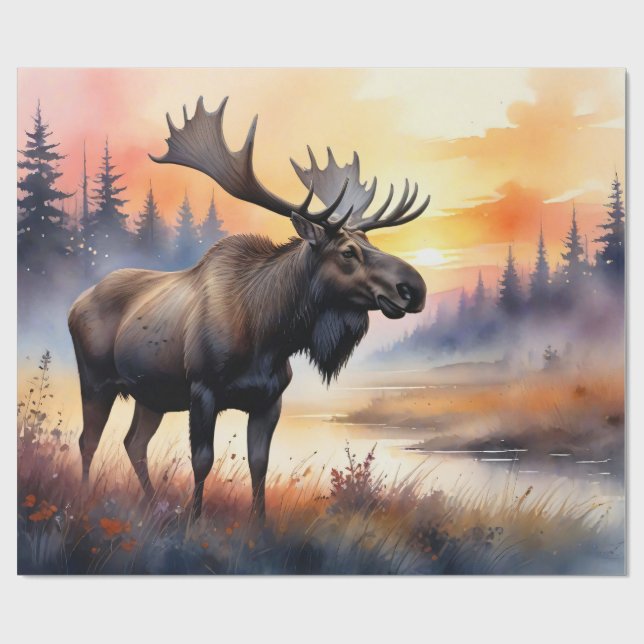 Watercolor Moose at Sunrise Wrapping Paper (Flat)