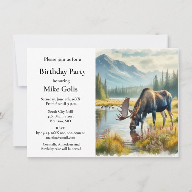  Watercolor Moose Birthday Party Invitation (Front)