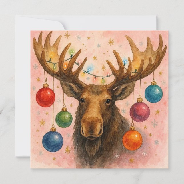 Watercolor Moose Christmas Card. (Front)
