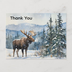 Watercolor Moose in Snow Thank You Postcard