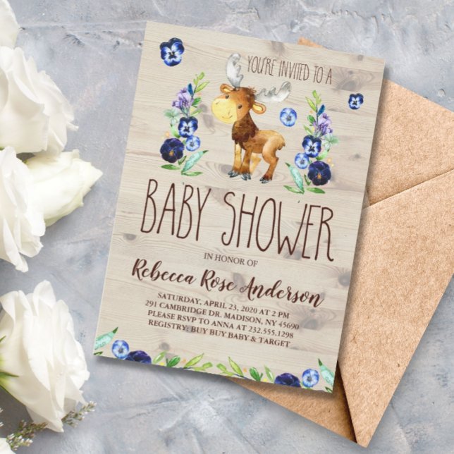 Watercolor Moose Woodland Baby Boy Baby Shower Invitation (Creator Uploaded)
