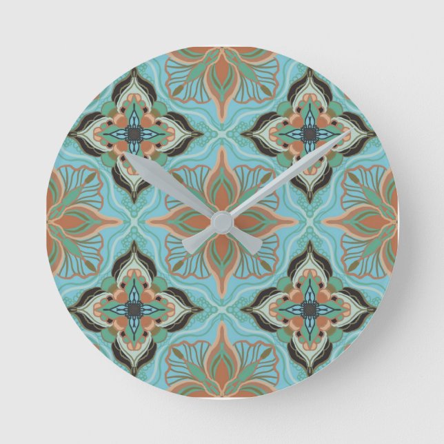 Watercolor Moroccan Blue Floral Tile  Round Clock (Front)