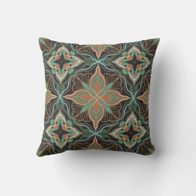 Watercolor Moroccan Brown Floral Tile  Cushion (Back)