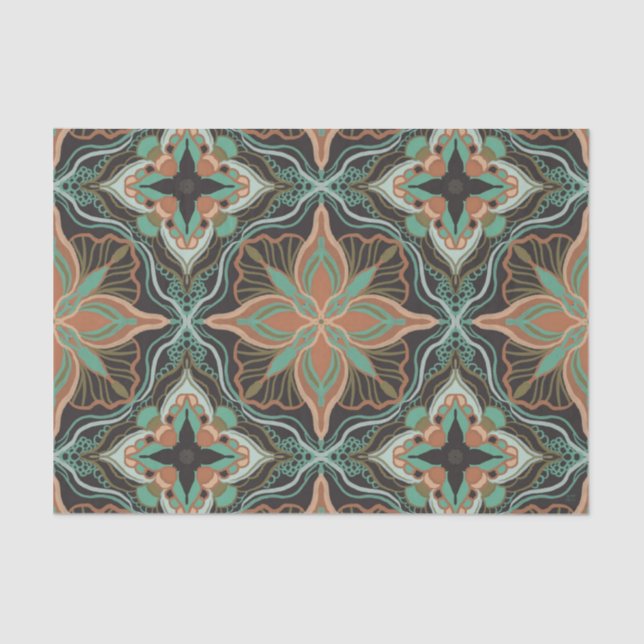 Watercolor Moroccan Brown Floral Tile Tissue Paper (Front)