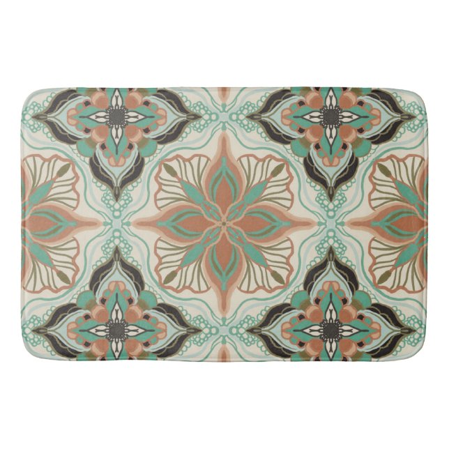 Watercolor Moroccan Floral Tile Bath Mat (Front)
