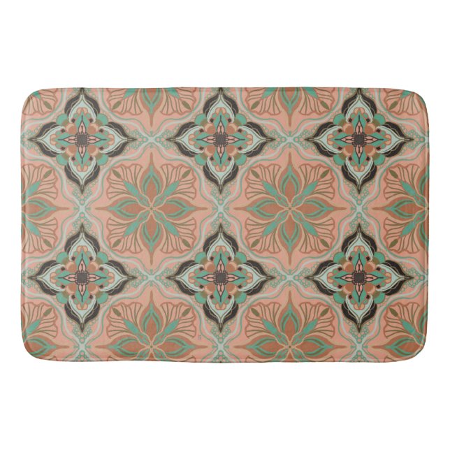 Watercolor Moroccan Pink Floral Tile  Bath Mat (Front)