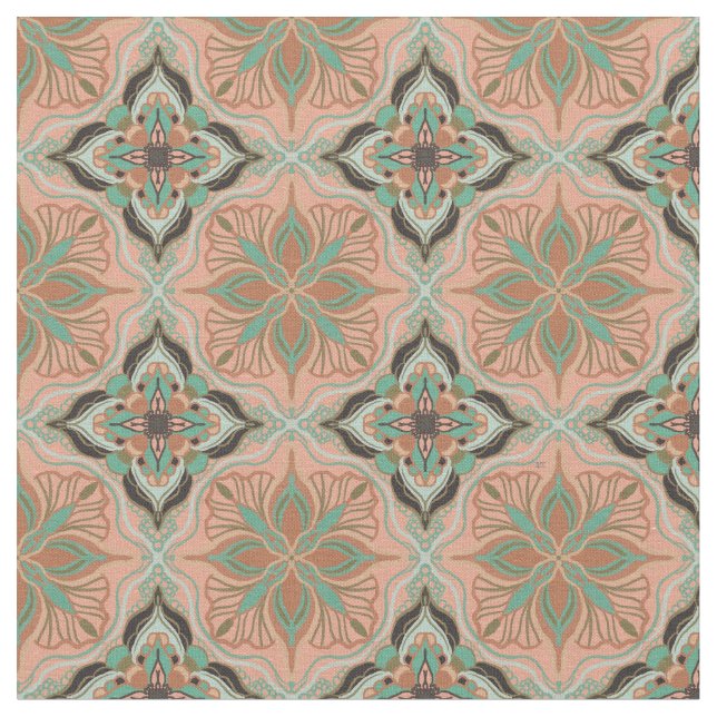 Watercolor Moroccan Pink Floral Tile Fabric (Close Up)