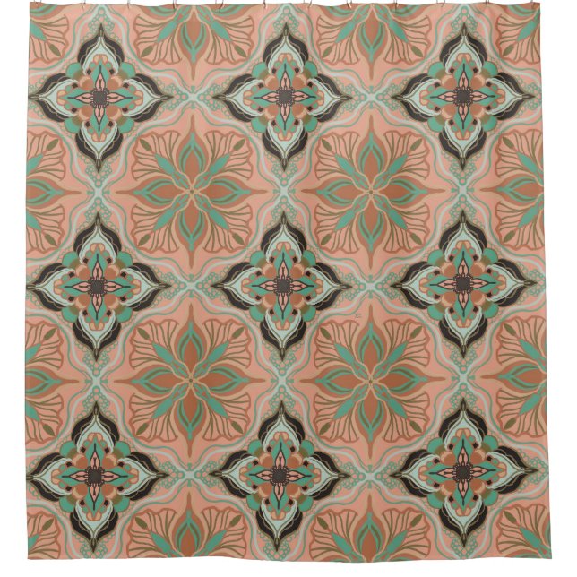 Watercolor Moroccan Pink Floral Tile  Shower Curtain (Front)