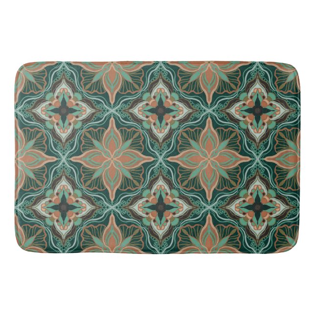 Watercolor Moroccan Teal Floral Tile Bath Mat (Front)