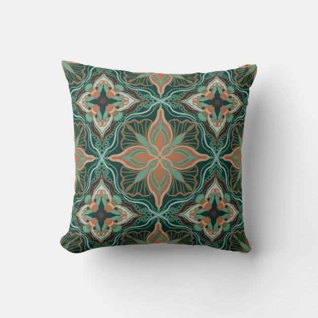Watercolor Moroccan Teal Floral Tile Cushion (Front)