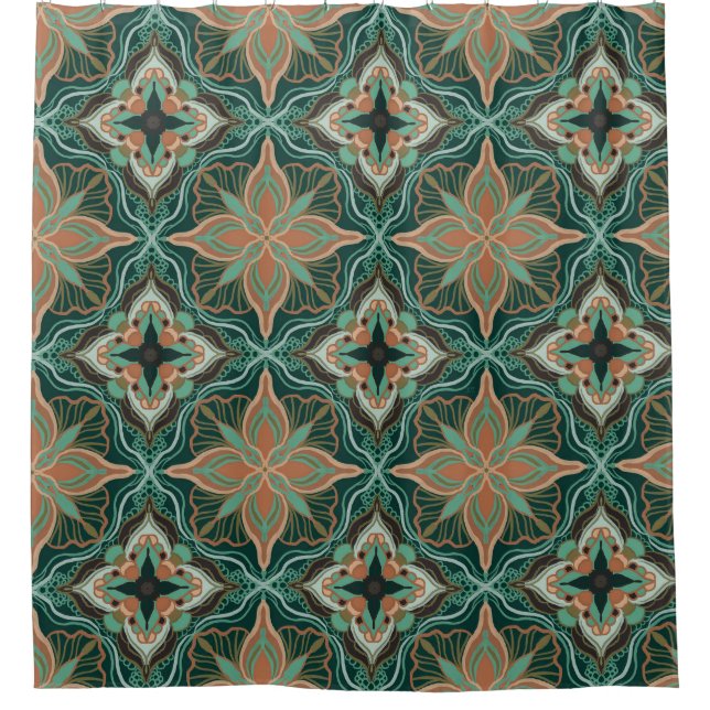 Watercolor Moroccan Teal Floral Tile Shower Curtain (Front)