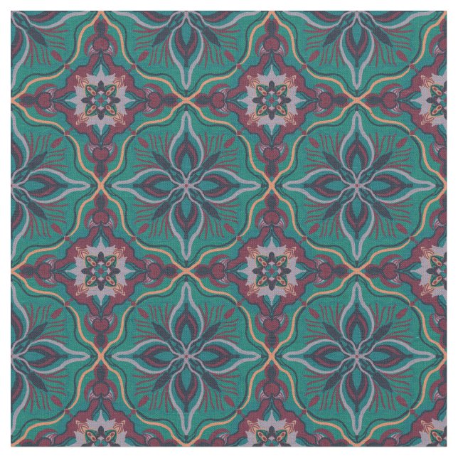 Watercolor Moroccan Teal Geometric Tile Fabric (Close Up)