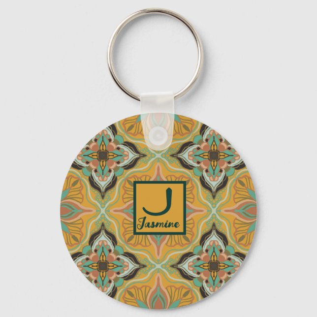Watercolor Moroccan Yellow Floral  Key Ring (Front)