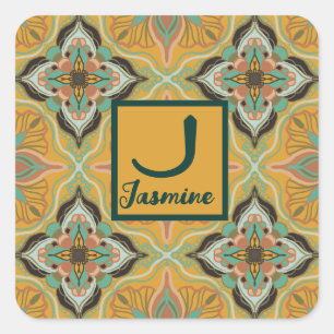Watercolor Moroccan Yellow Floral Personalised Square Sticker