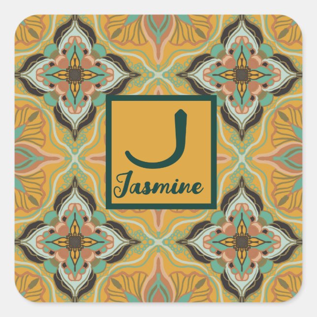 Watercolor Moroccan Yellow Floral Personalised Square Sticker (Front)