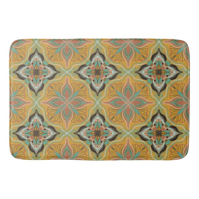 Watercolor Moroccan Yellow Floral Tile  Bath Mat (Front)