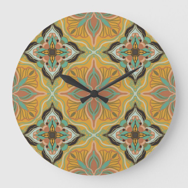 Watercolor Moroccan Yellow Floral Tile  Large Clock (Front)