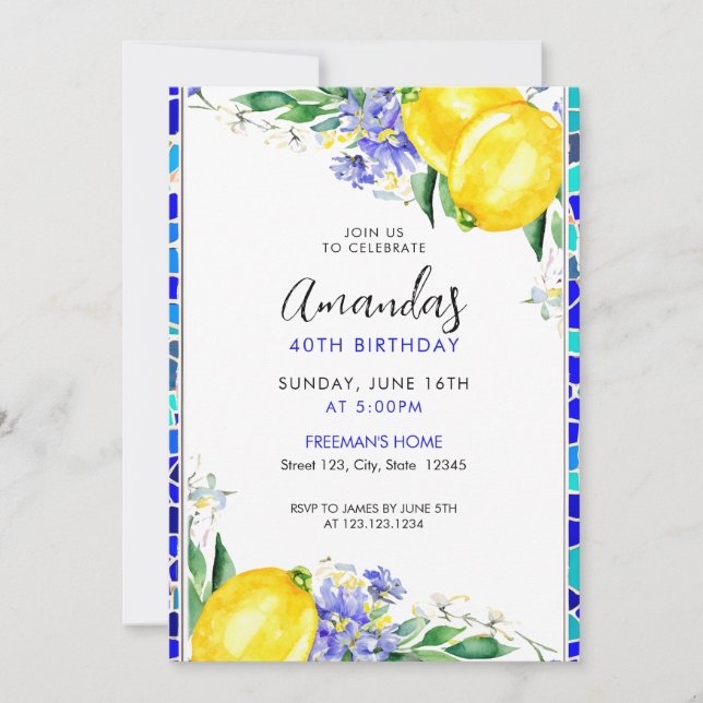 Watercolor Mosaic and Lemon Chic 40th Birthday Invitation (Front)