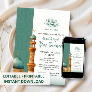 Watercolor Mosque Illustration Iftar Dinner Invitation