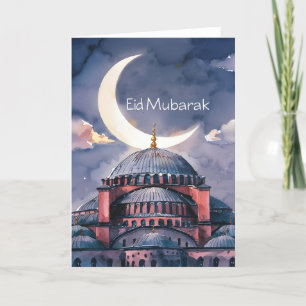 Watercolor Mosque moon Eid Mubarak Crescent moon Holiday Card