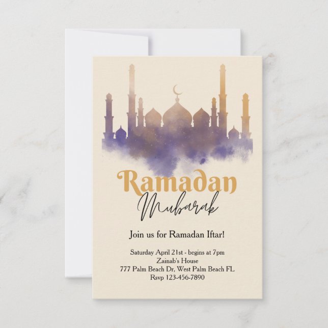Watercolor Mosque Ramadan Iftar Invitation (Front)