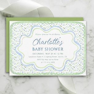 Watercolor Moss Green and Blue Boy Baby Shower Invitation
