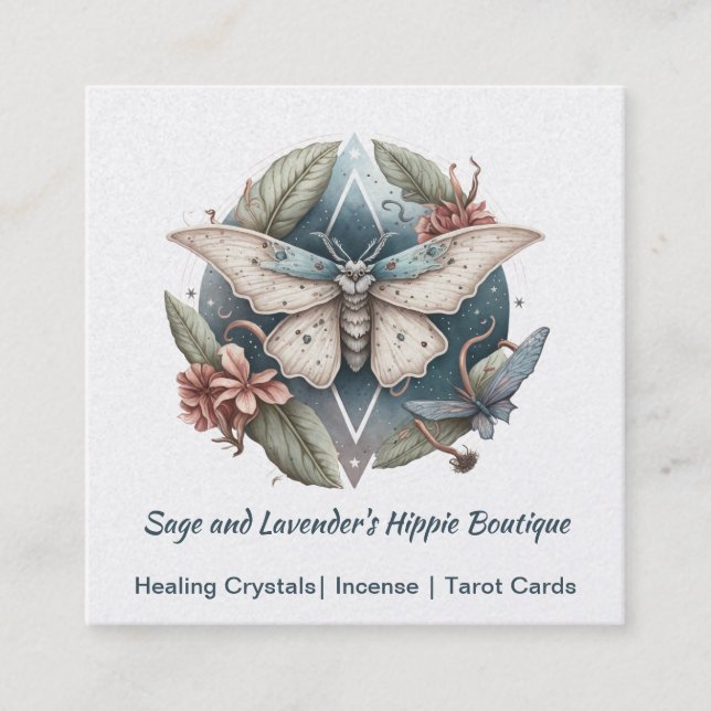Watercolor Moth and Flowers Square Business Card (Front)