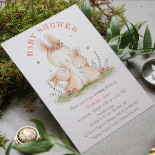 Watercolor Mother and Baby Bunny Shower Invitation